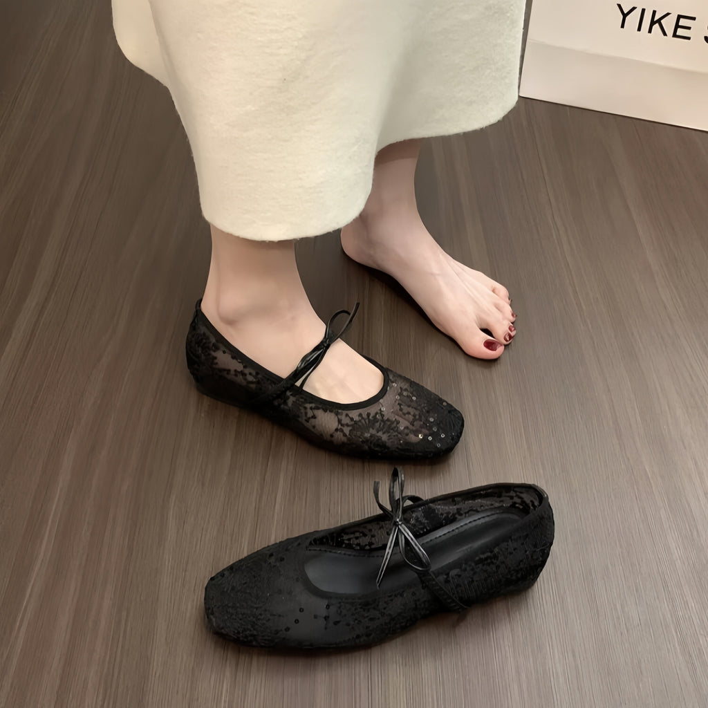 Elegant Lace Mesh Mary Jane Flats with Bow - Square Toe Ballet Shoes