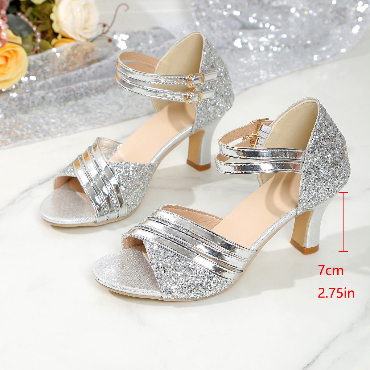 Sparkly Glitter Block Heel Sandals – 7cm Chunky Heel Strappy Open Toe Pumps with Ankle Strap