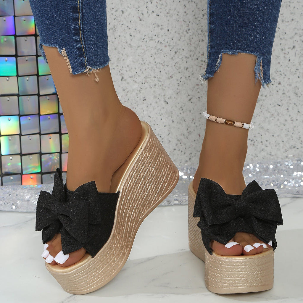 Women's Platform Wedge Sandals with Big Bow - Sparkly Open Toe Summer Slides