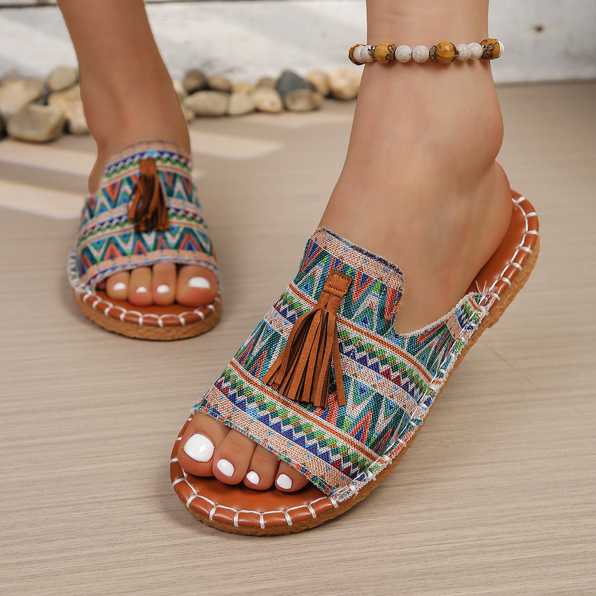 Bohemian Ethnic Tassel Slide Sandals – Colorful Woven Flat Mules with Cork Sole