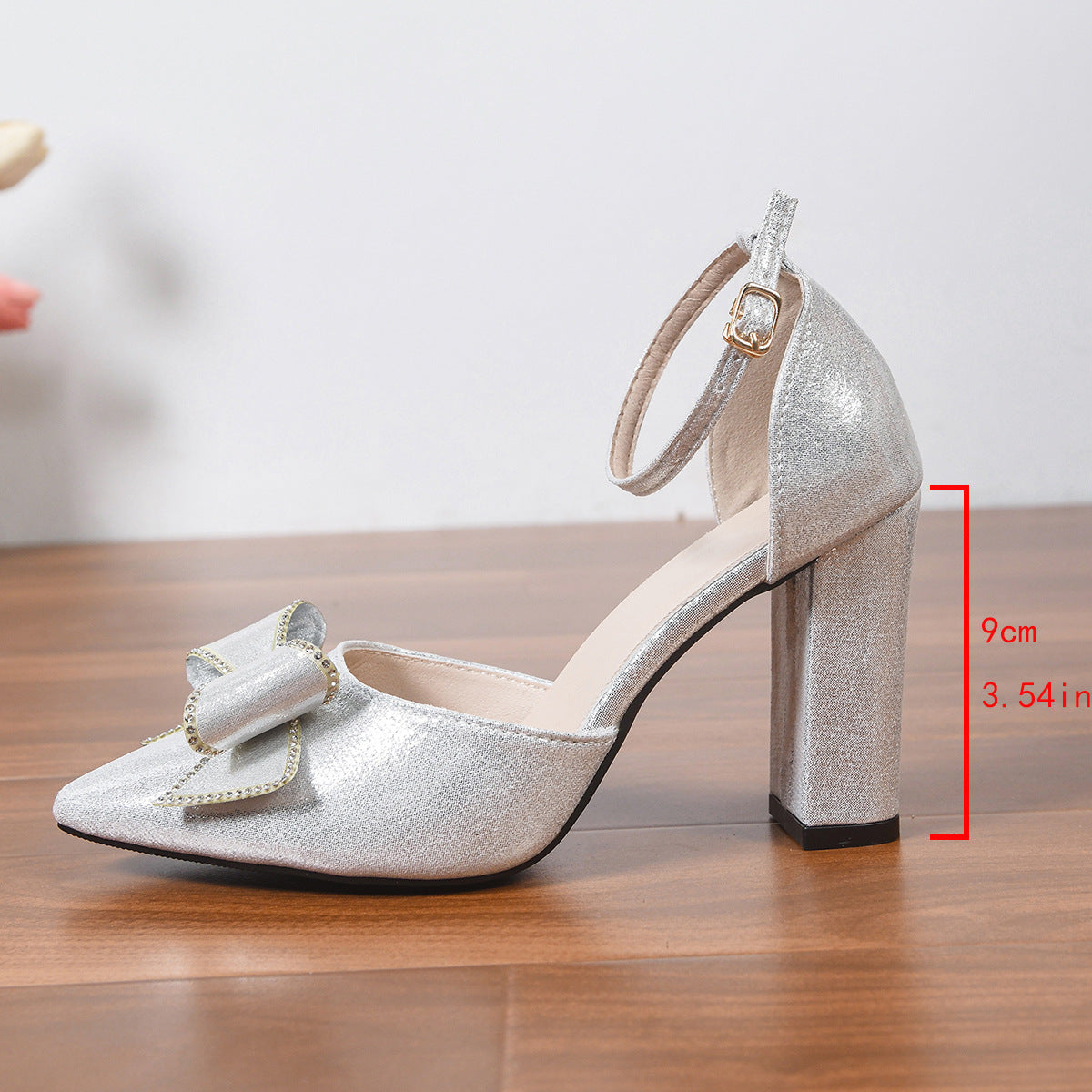 Sparkly Metallic Bow Pointed Toe Block Heel Sandals – 9cm Chunky Heel Ankle Strap Pumps