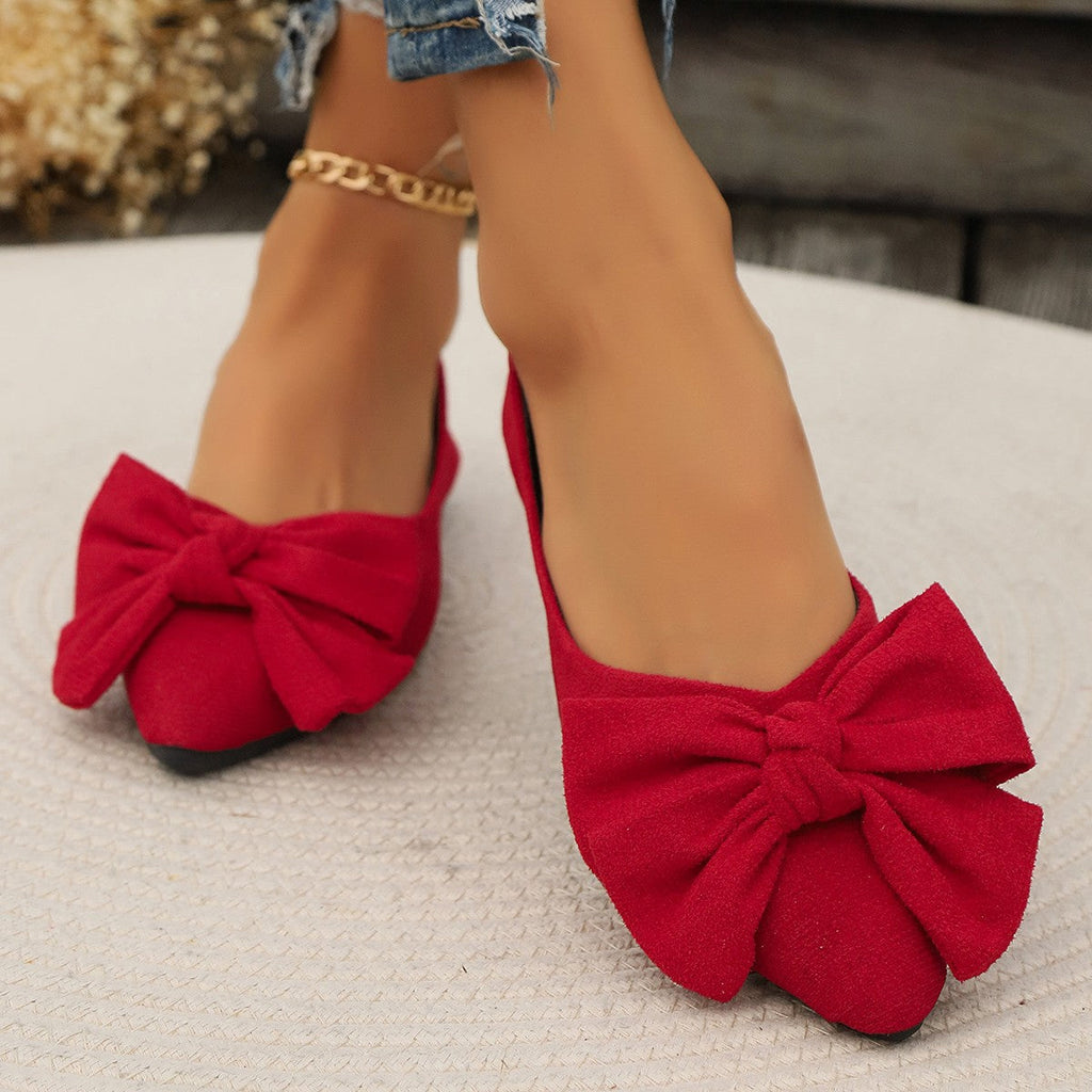 Women's Bow Pointed Toe Flats - Big Bow Suede Ballet Flats Comfortable Slip-On Pumps