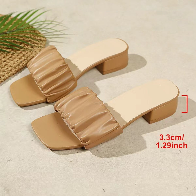 Chic Ruched Square Toe Block Heel Mules – Comfortable Slip-On Sandals