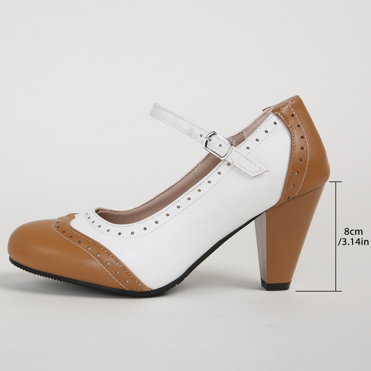 Women's Two-Tone Mary Jane Block Heel Pumps - Retro Brogue Ankle Strap Shoes