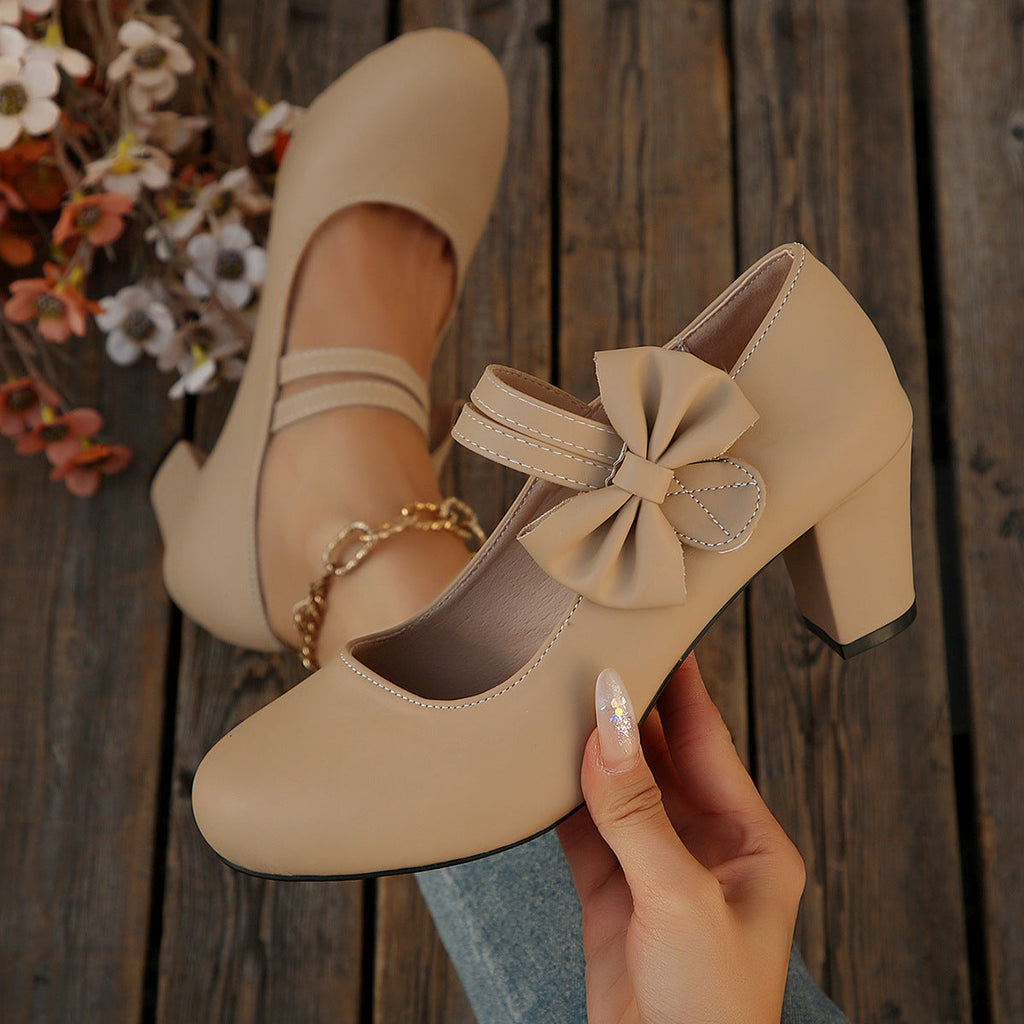 Women's Bowknot Block Heel Mary Jane Shoes – Elegant Ankle Strap Chunky Heels