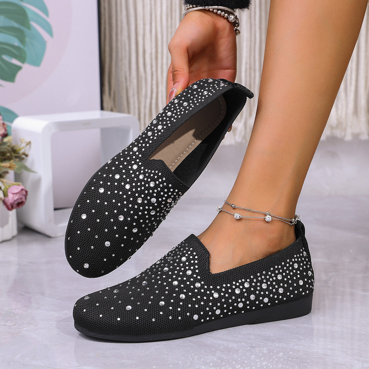 Sparkly Rhinestone Mesh Slip-On Flats – Breathable Comfort Loafers