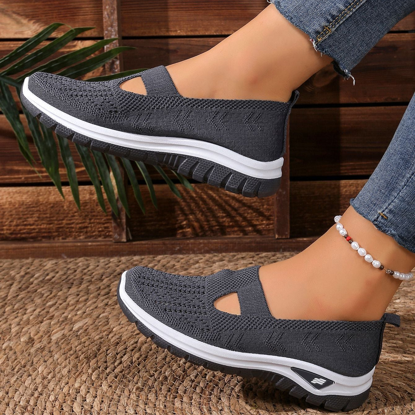 Breathable Knit Slip-On Sneakers Women - Lightweight Mesh Walking Shoes with Cutout Design