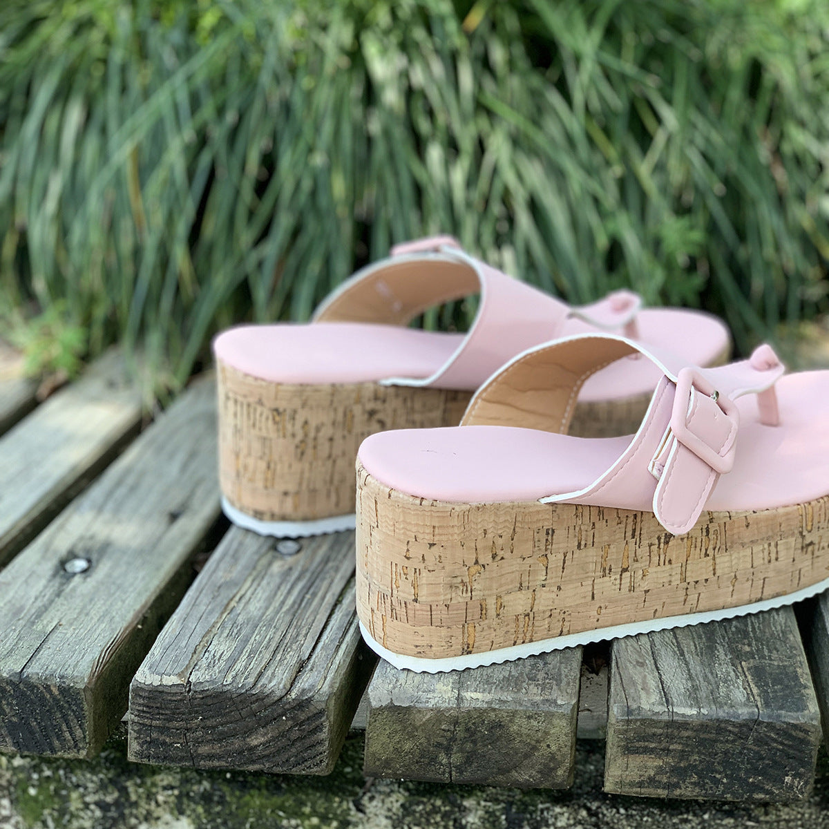 Comfortable Beige Cork Wedge Platform Thong Sandals – Buckle Strap Summer Slides