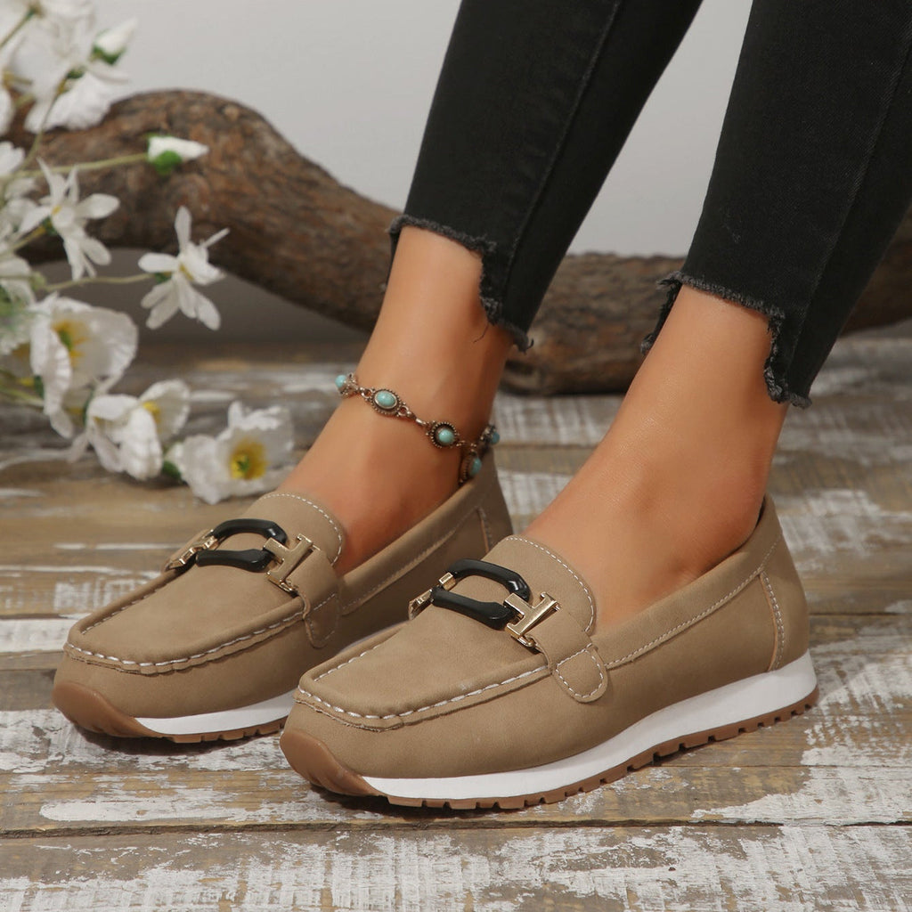 Women's Gold Buckle Suede Loafers – Comfortable Casual Platform Slip-On Shoes