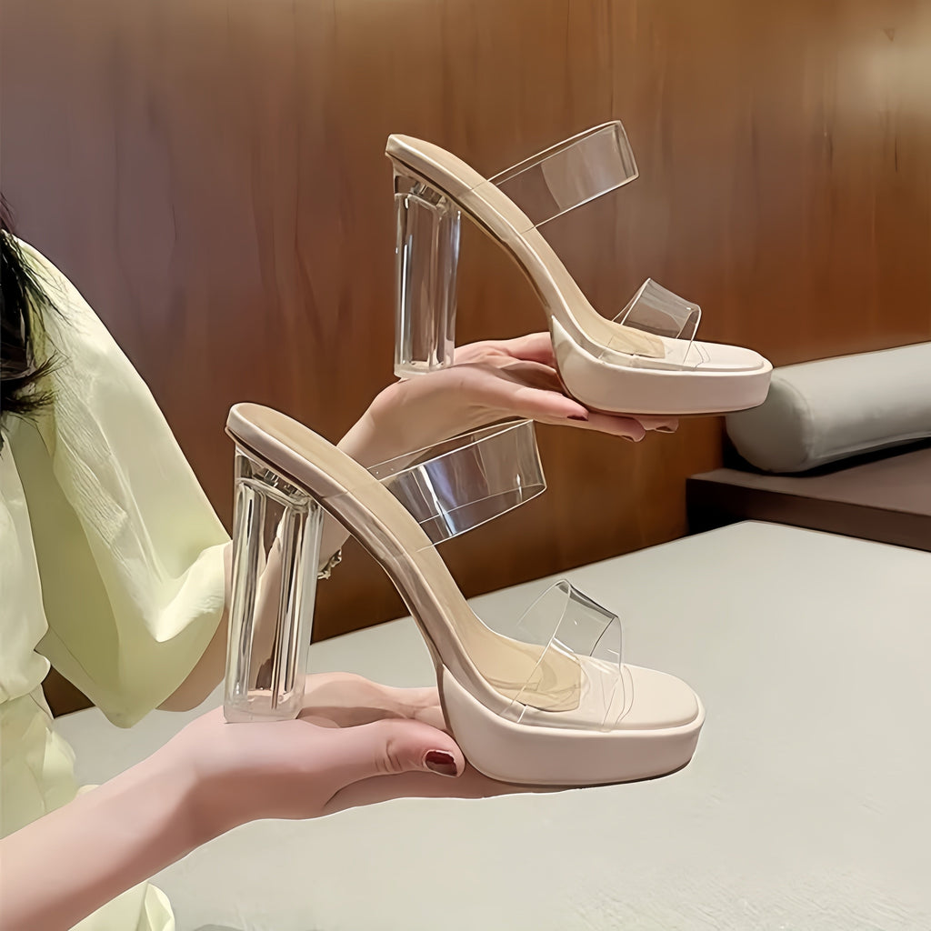 Glam Clear Platform Chunky Heel Mules – Transparent Strap Square Toe High Heels