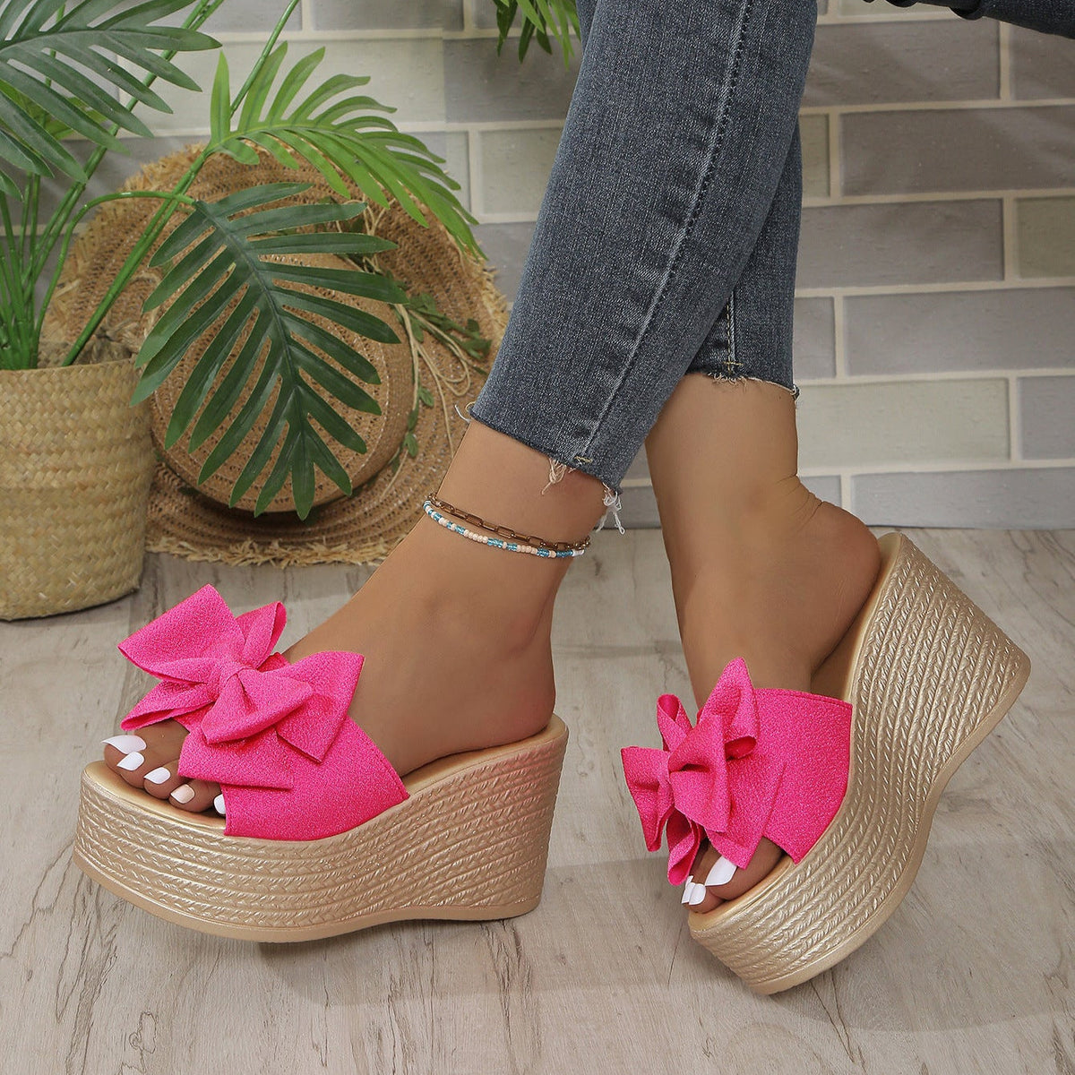 Women's Platform Wedge Sandals with Big Bow - Sparkly Open Toe Summer Slides