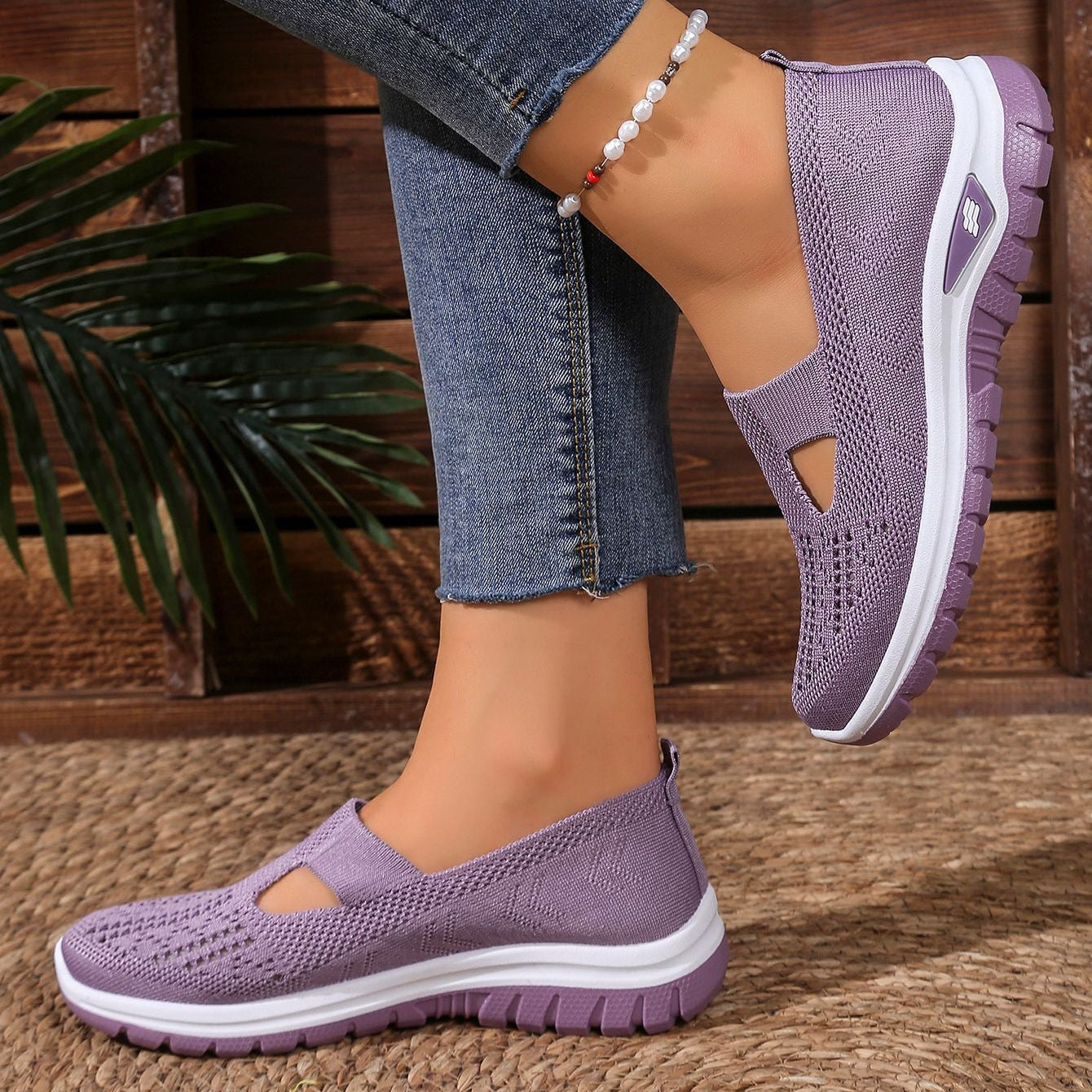 Breathable Knit Slip-On Sneakers Women - Lightweight Mesh Walking Shoes with Cutout Design