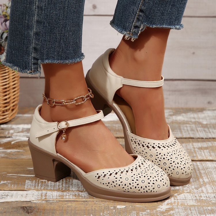 Women's Retro Cut-Out Mary Jane Block Heel Pumps - Floral Hollow-Out Ankle Strap Shoes