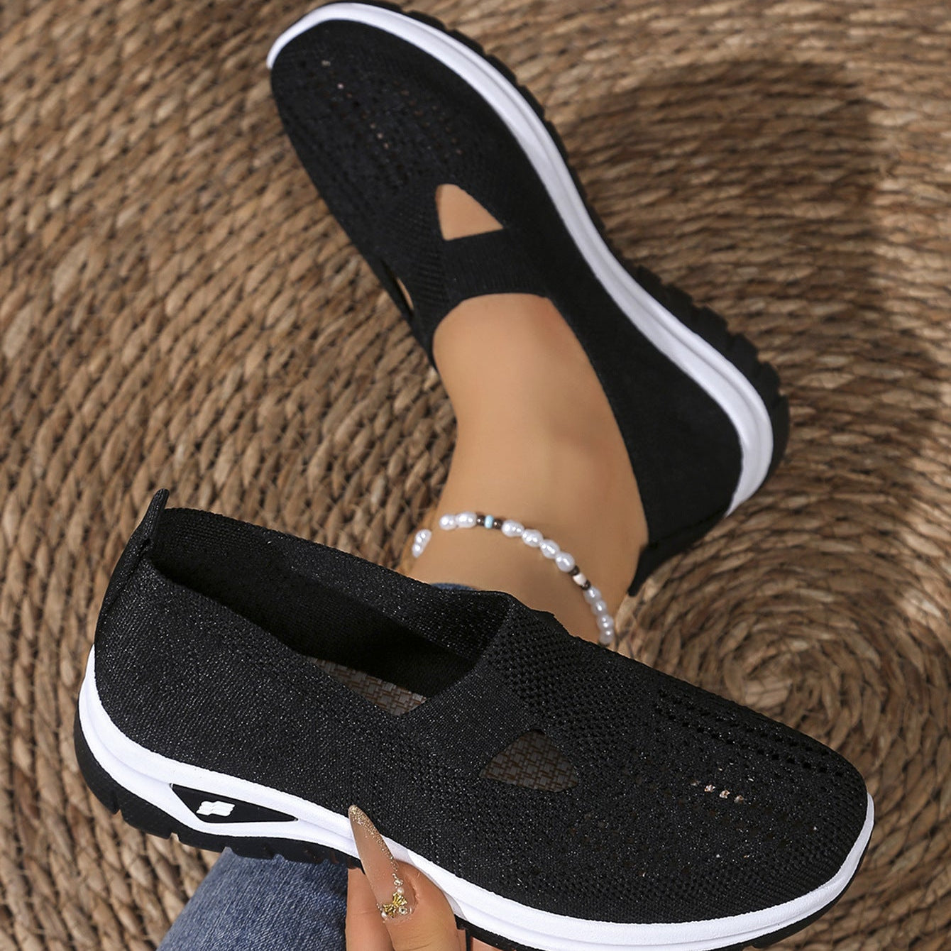Breathable Knit Slip-On Sneakers Women - Lightweight Mesh Walking Shoes with Cutout Design