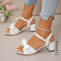 Women's White Bow Decor Block Heel Sandals - Ankle Strap Square Toe Summer Heels