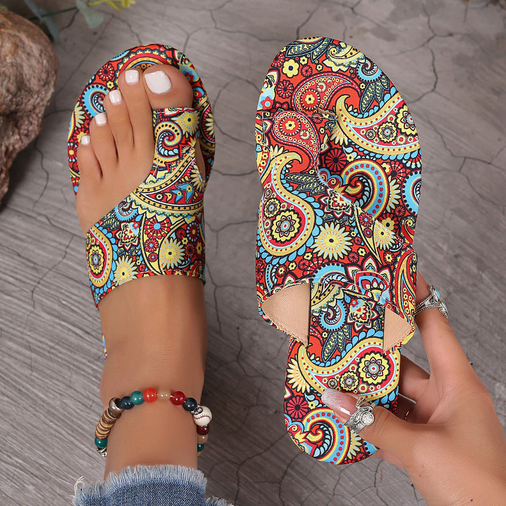 Boho Ethnic Paisley Print Flat Sandals – Women’s Bohemian Toe Ring Slides