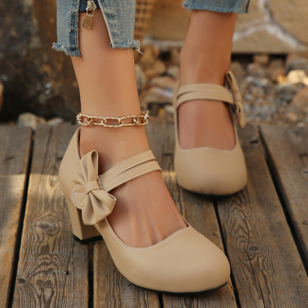 Women's Bowknot Block Heel Mary Jane Shoes – Elegant Ankle Strap Chunky Heels