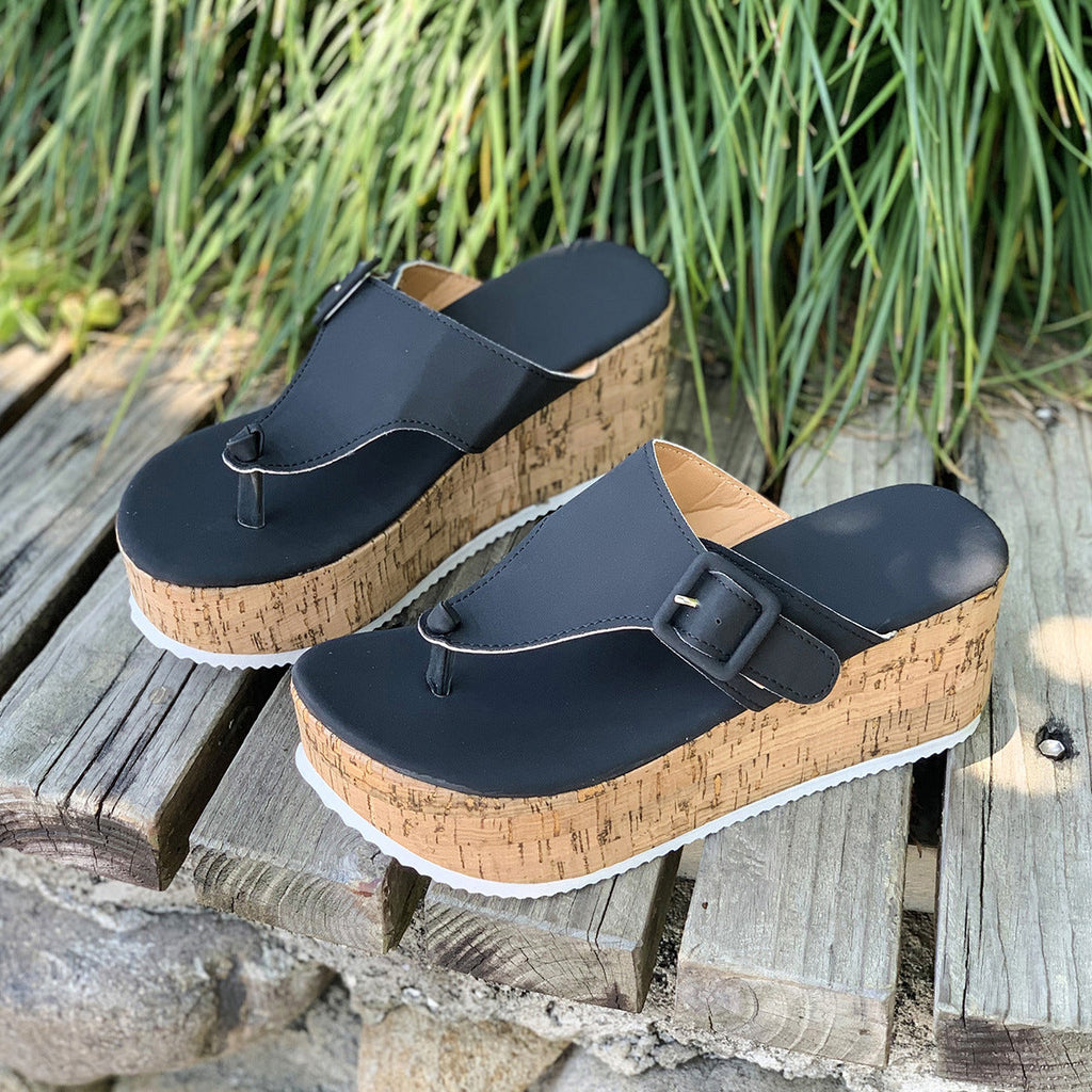 Comfortable Beige Cork Wedge Platform Thong Sandals – Buckle Strap Summer Slides