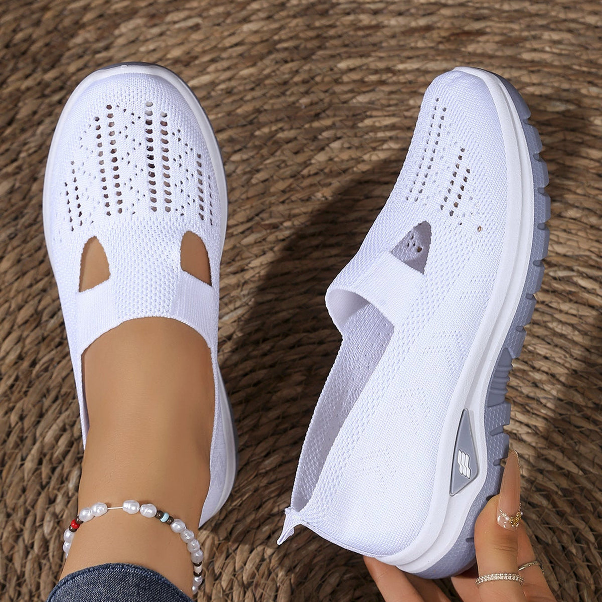 Breathable Knit Slip-On Sneakers Women - Lightweight Mesh Walking Shoes with Cutout Design