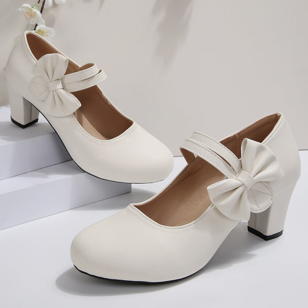 Women's Bowknot Block Heel Mary Jane Shoes – Elegant Ankle Strap Chunky Heels