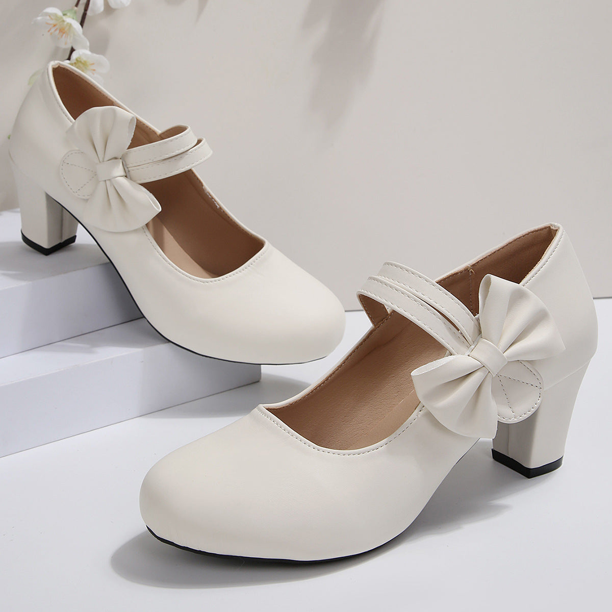 Women's Bowknot Block Heel Mary Jane Shoes – Elegant Ankle Strap Chunky Heels