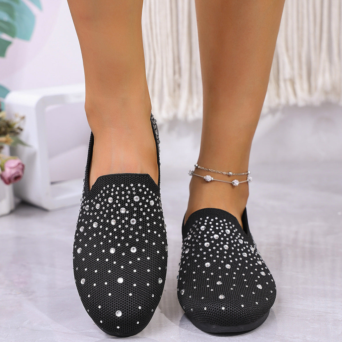 Sparkly Rhinestone Mesh Slip-On Flats – Breathable Comfort Loafers