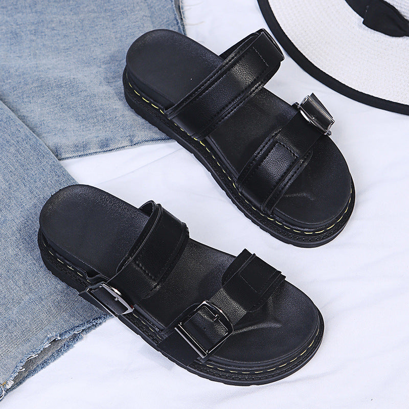 Women's Double Buckle Platform Sandals - Chunky Thick Sole Slide Sandals with Adjustable Straps