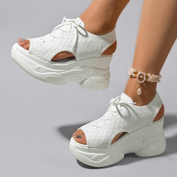 Women's Knit Platform Wedge Sandals - 9.5cm Chunky Peep Toe Lace-Up Sporty Sandals