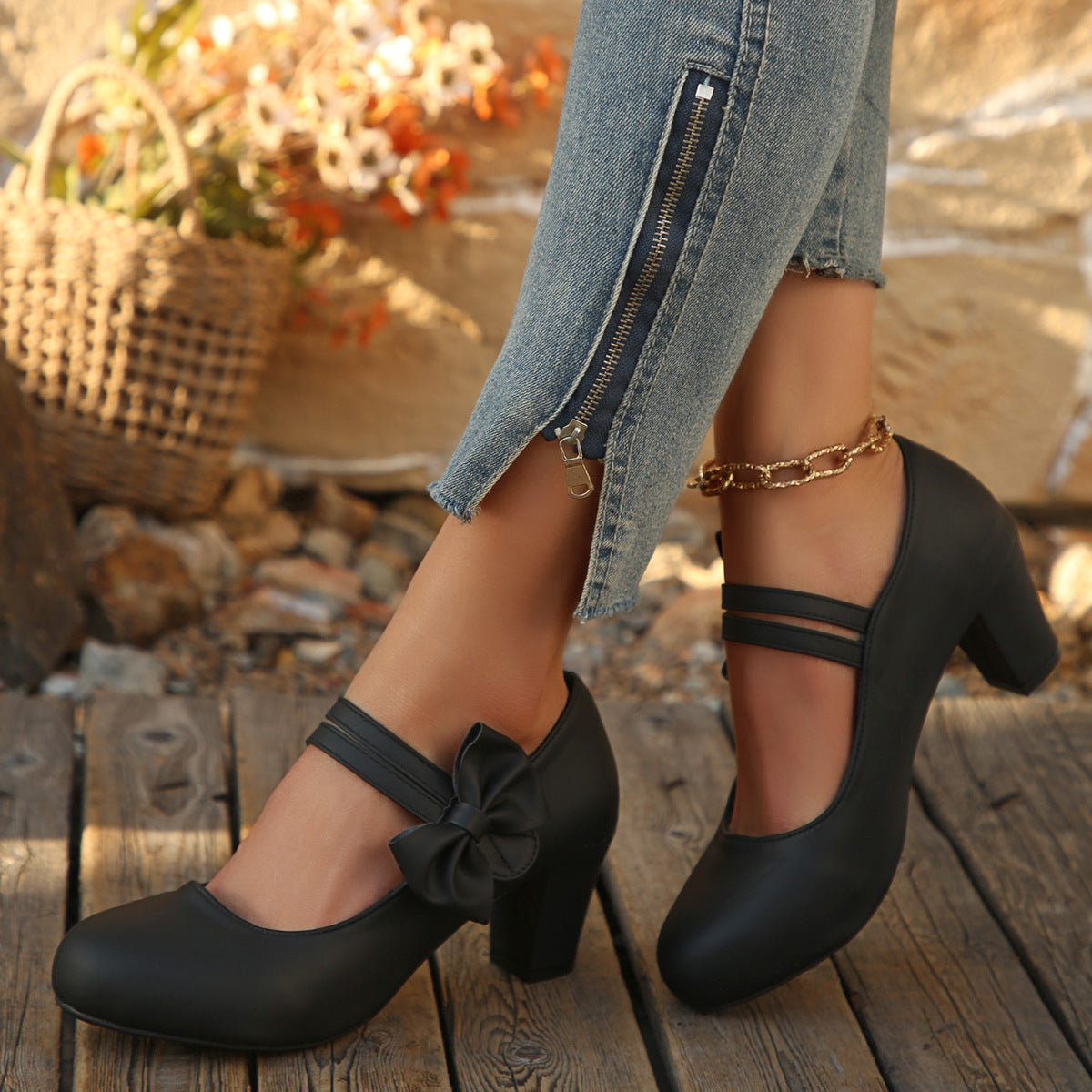 Women's Bowknot Block Heel Mary Jane Shoes – Elegant Ankle Strap Chunky Heels