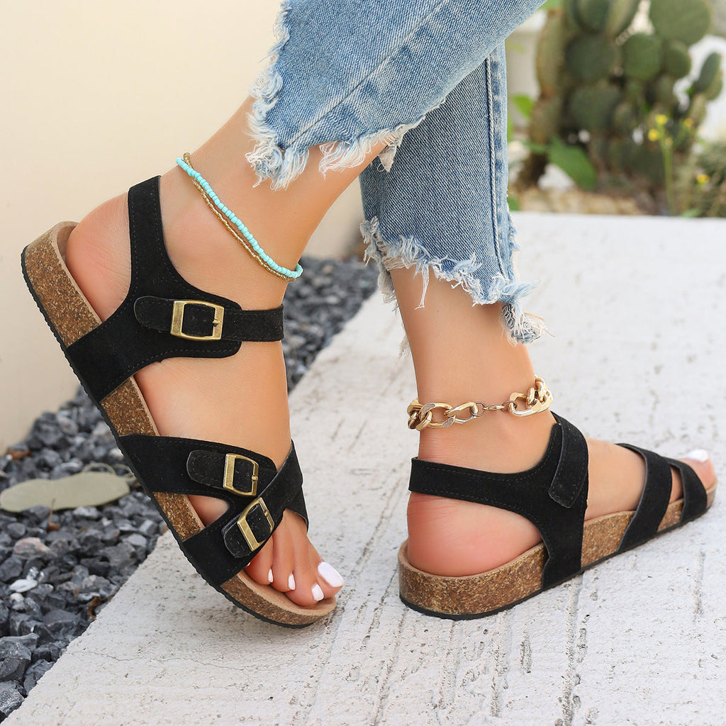 Women's Casual Cork Platform Sandals - Cross Strap Buckle Suede Sandals
