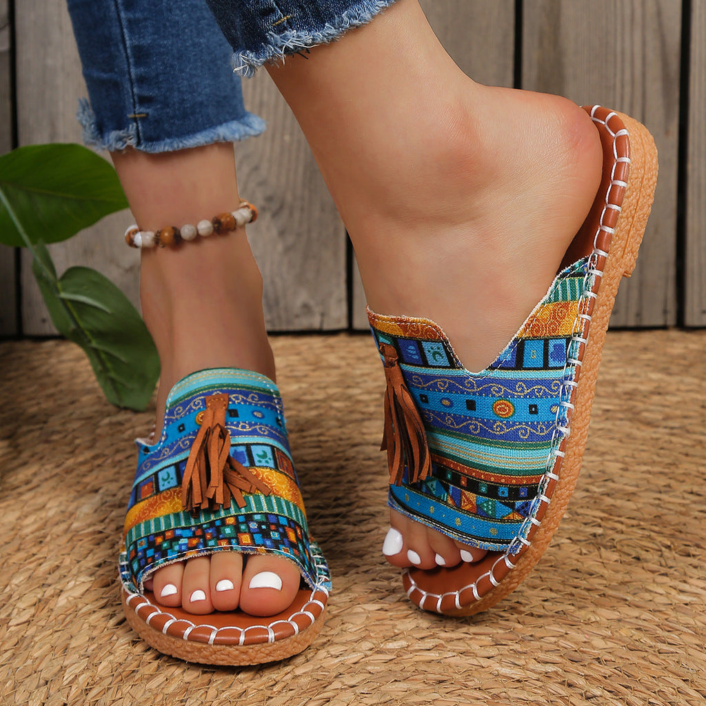 Bohemian Ethnic Tassel Slide Sandals – Colorful Woven Flat Mules with Cork Sole