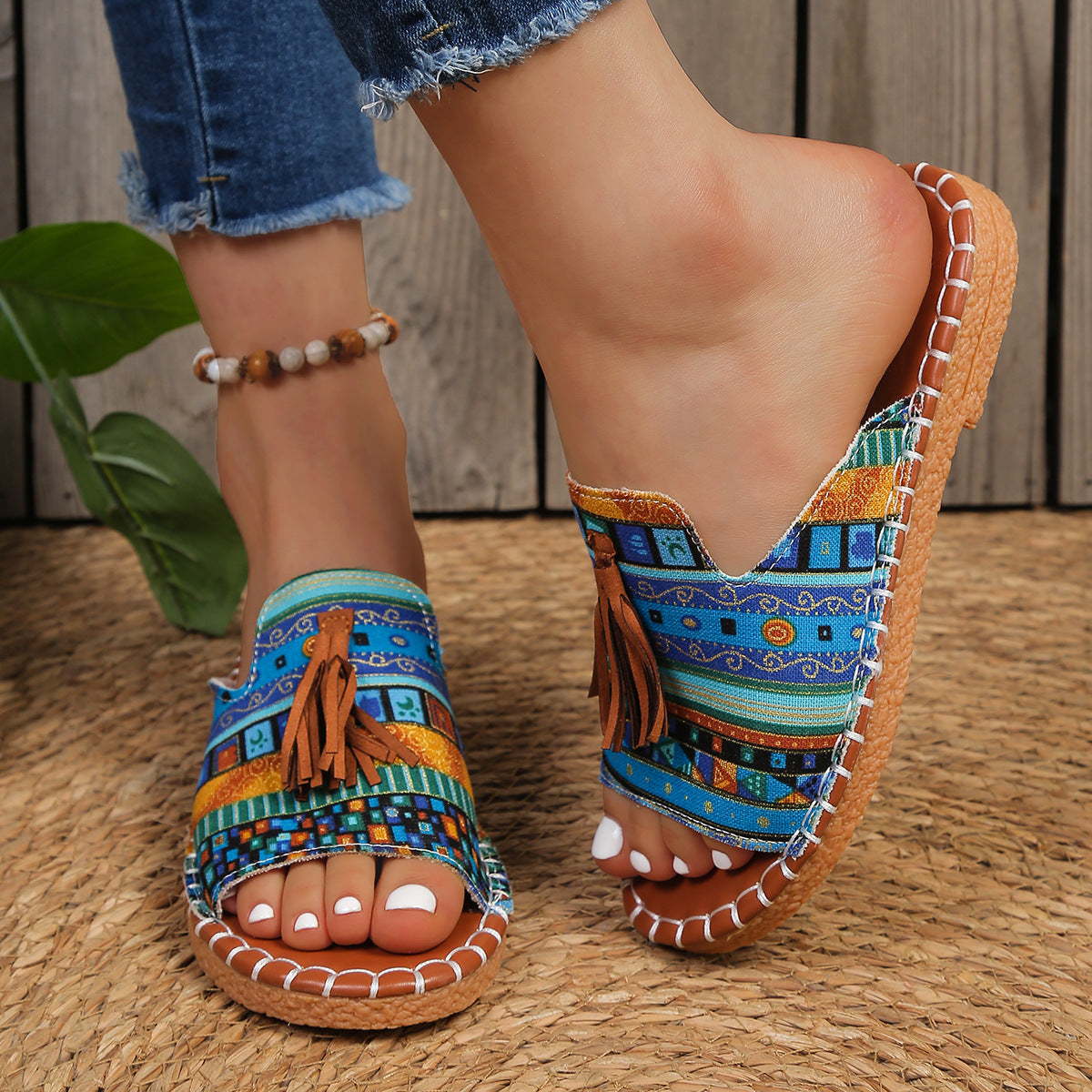 Bohemian Ethnic Tassel Slide Sandals – Colorful Woven Flat Mules with Cork Sole