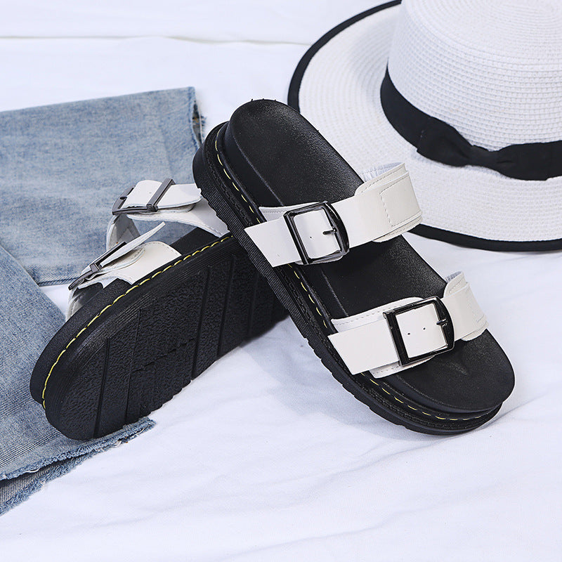 Women's Double Buckle Platform Sandals - Chunky Thick Sole Slide Sandals with Adjustable Straps
