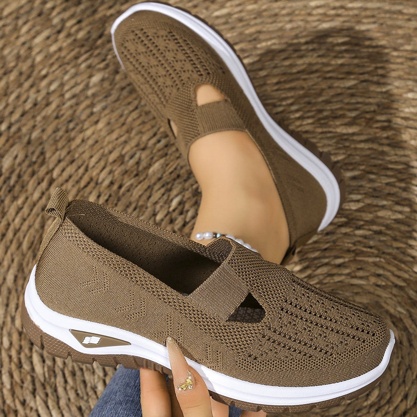 Breathable Knit Slip-On Sneakers Women - Lightweight Mesh Walking Shoes with Cutout Design
