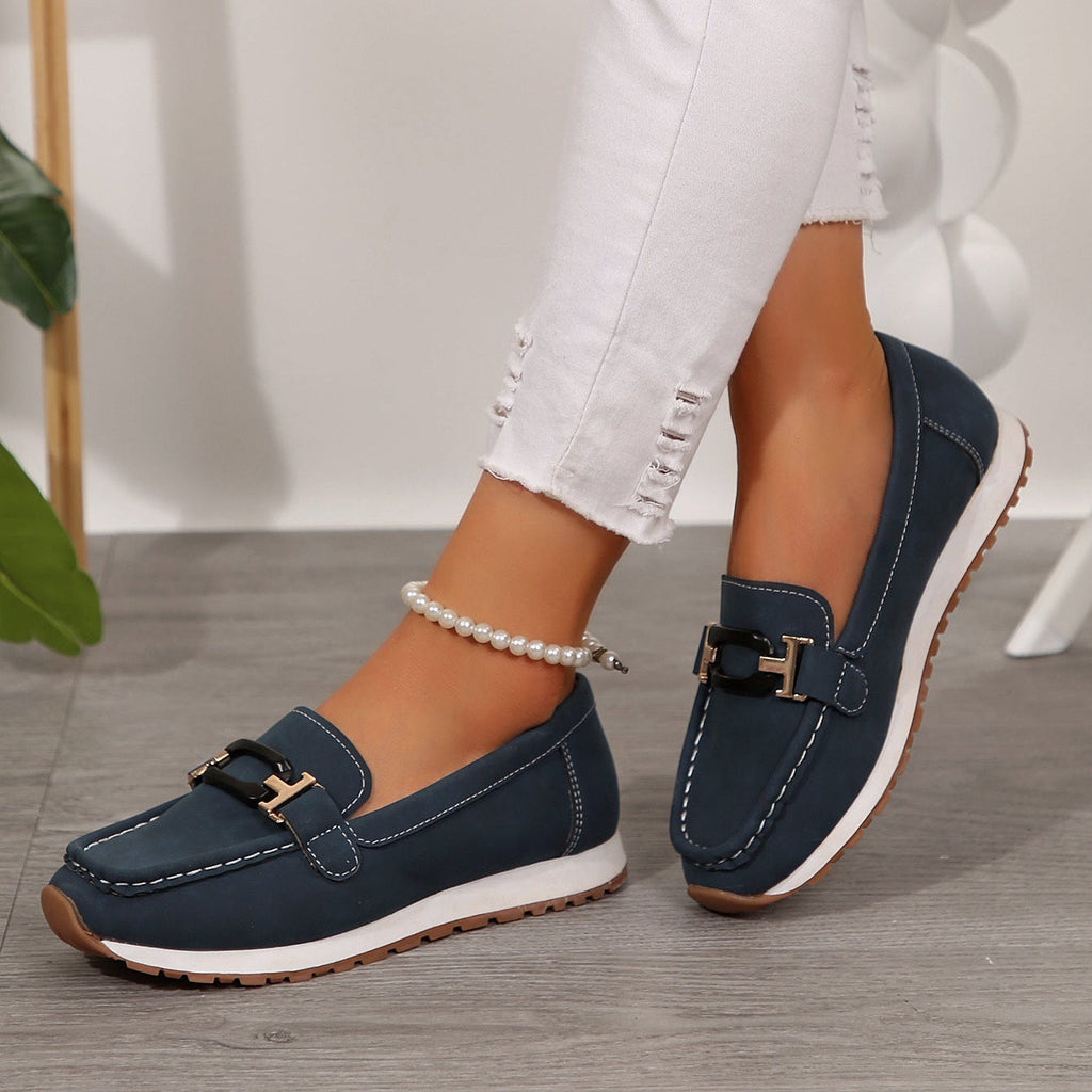 Women's Gold Buckle Suede Loafers – Comfortable Casual Platform Slip-On Shoes