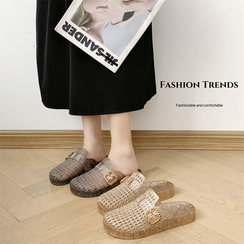 Sparkly Glitter Platform Slide Sandals for Women – Buckle Decor Transparent Chunky Slides