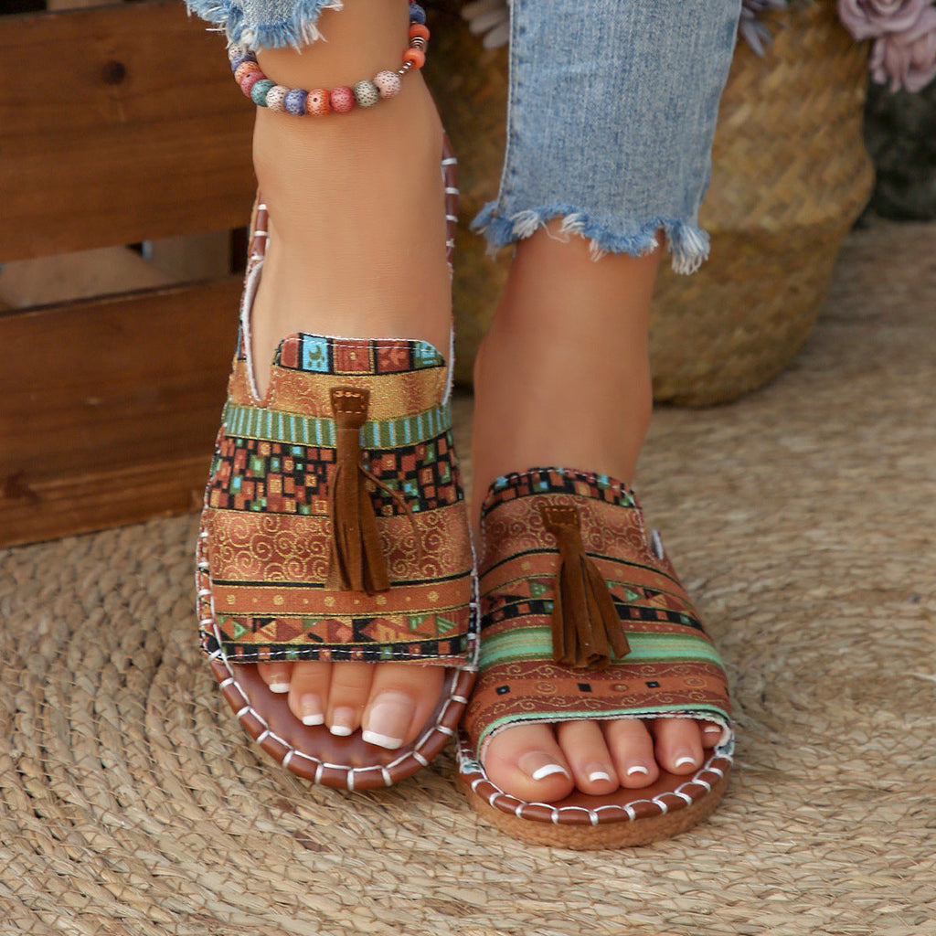 Bohemian Ethnic Tassel Slide Sandals – Colorful Woven Flat Mules with Cork Sole