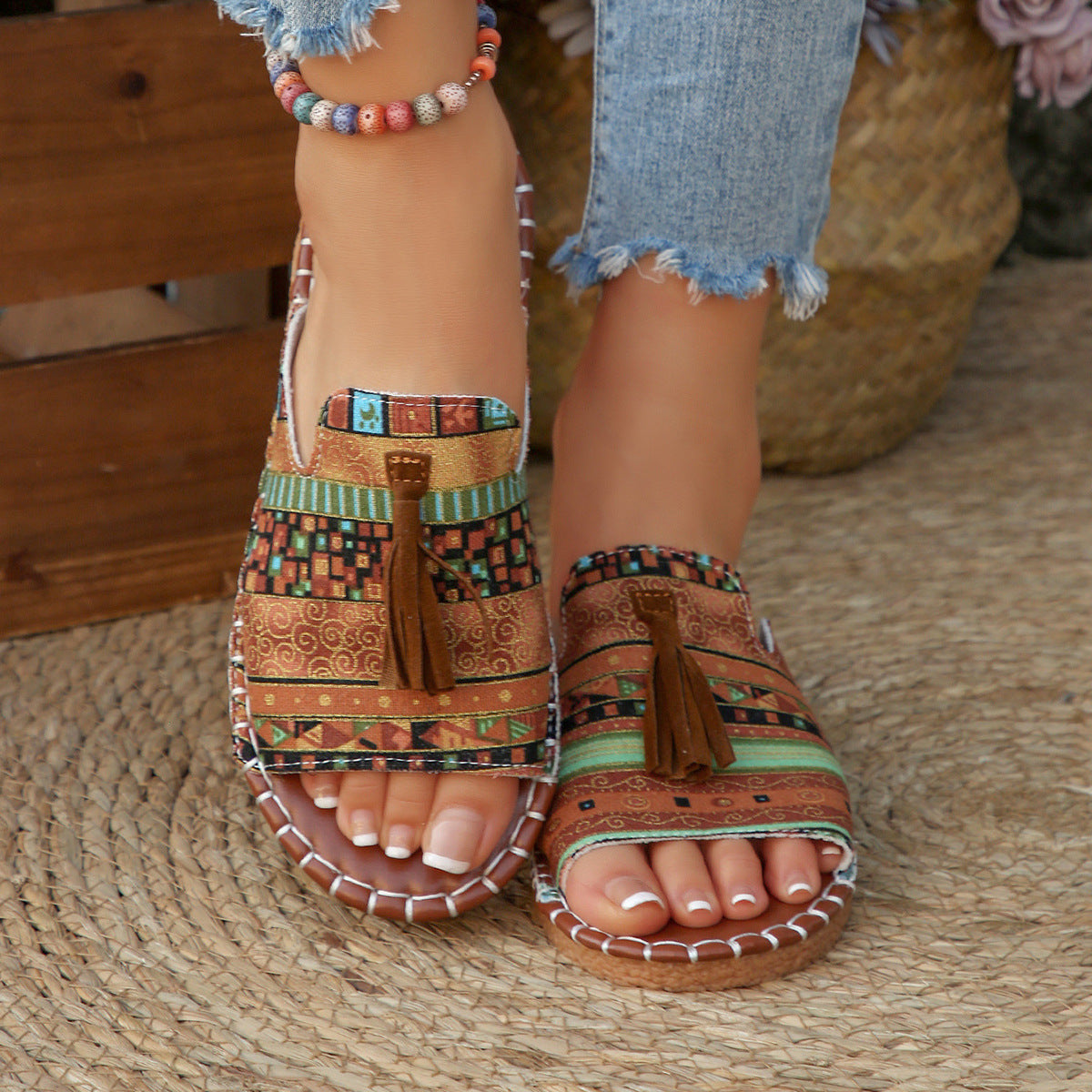Bohemian Ethnic Tassel Slide Sandals – Colorful Woven Flat Mules with Cork Sole