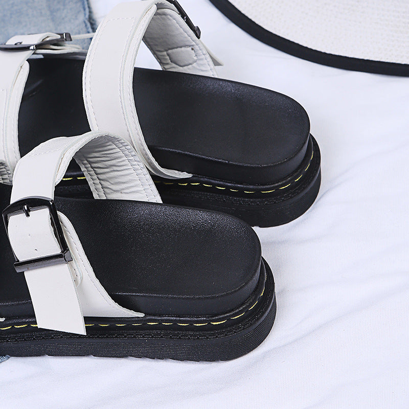 Women's Double Buckle Platform Sandals - Chunky Thick Sole Slide Sandals with Adjustable Straps
