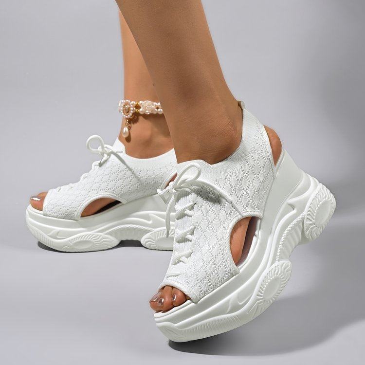 Women's Knit Platform Wedge Sandals - 9.5cm Chunky Peep Toe Lace-Up Sporty Sandals