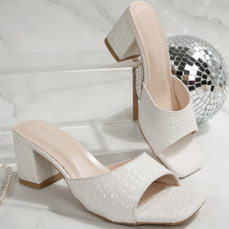 Women's Crocodile Texture Block Heel Slide Sandals - Square Toe Chunky Heeled Mules