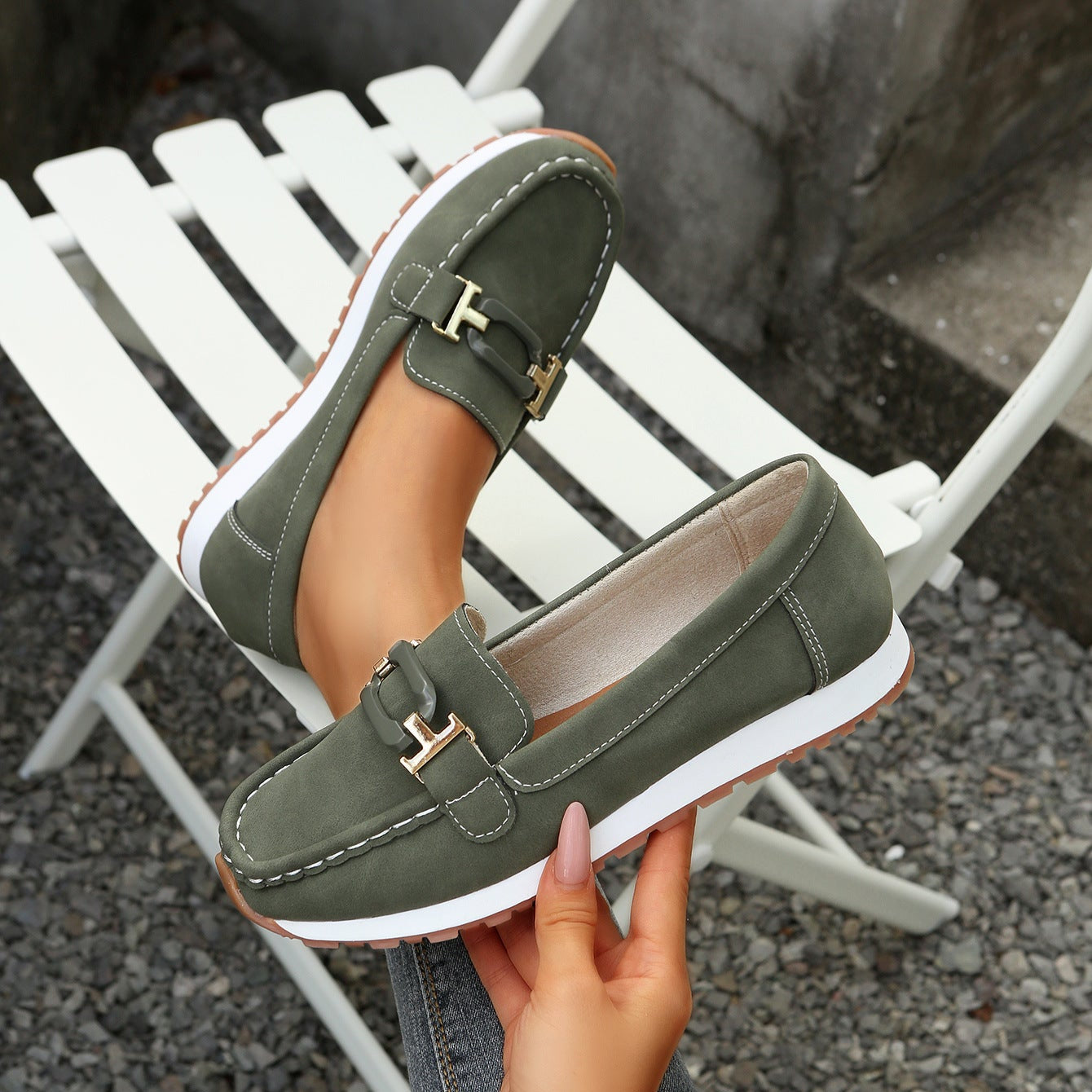 Women's Gold Buckle Suede Loafers – Comfortable Casual Platform Slip-On Shoes
