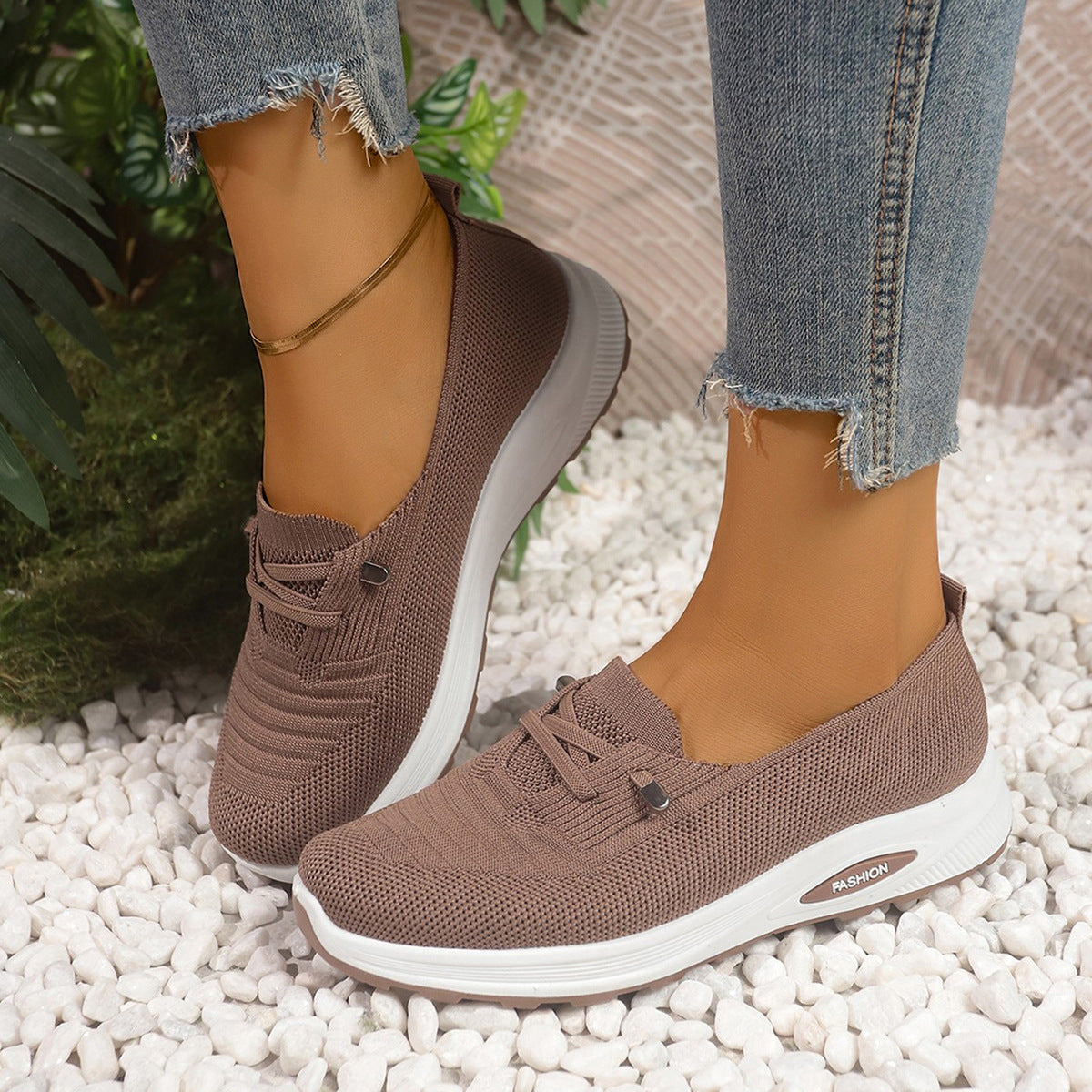 Women's Breathable Knit Slip-On Sneakers – Lightweight Platform Casual Shoes