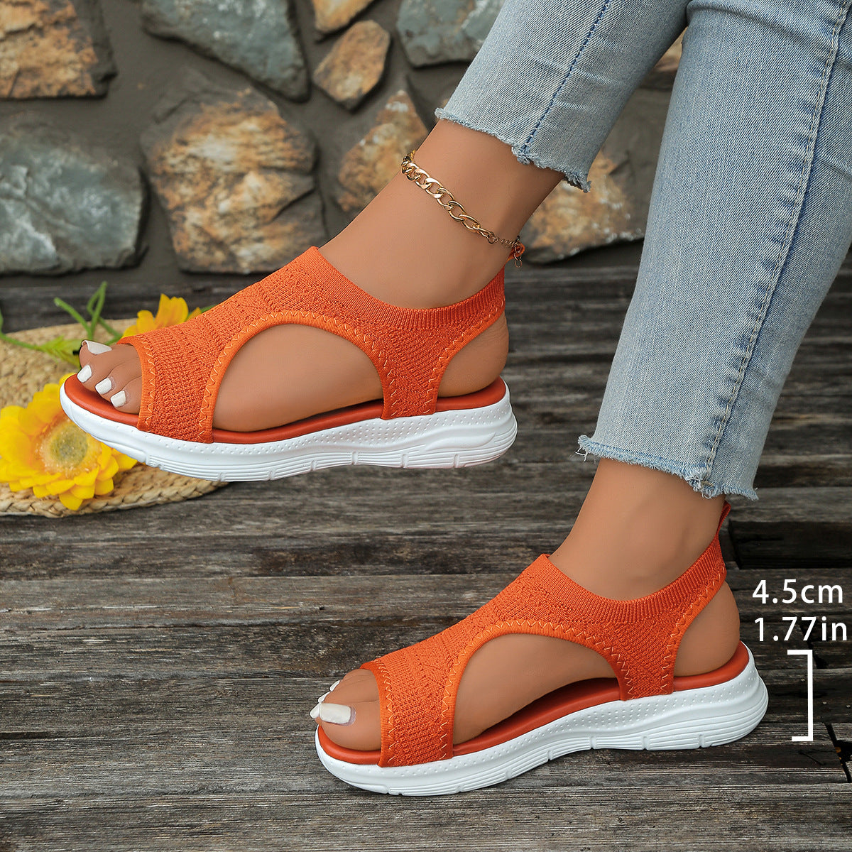 Women's Breathable Knit Platform Sandals 4.5cm Heel - Peep Toe Gold Buckle Summer Shoes