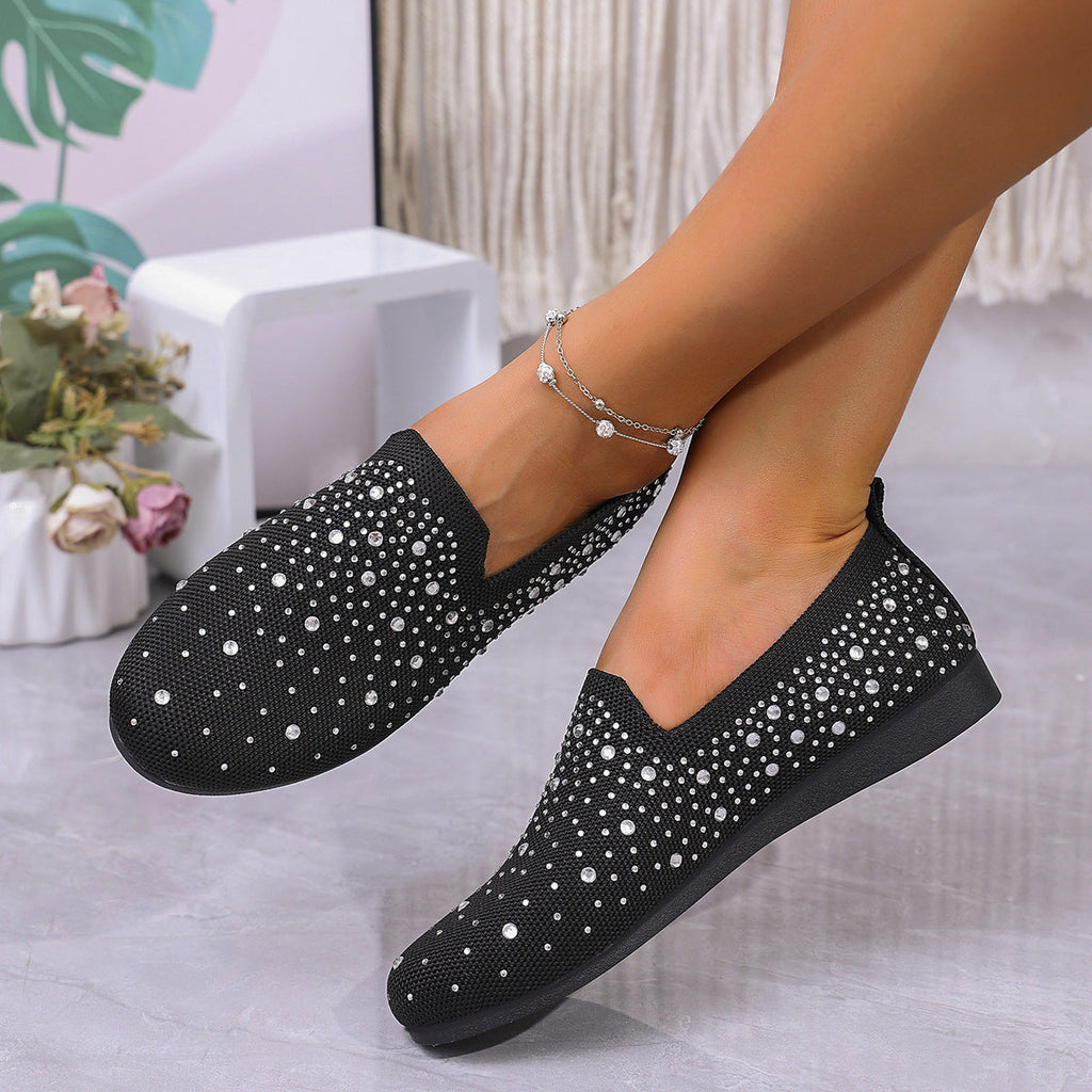Sparkly Rhinestone Mesh Slip-On Flats – Breathable Comfort Loafers