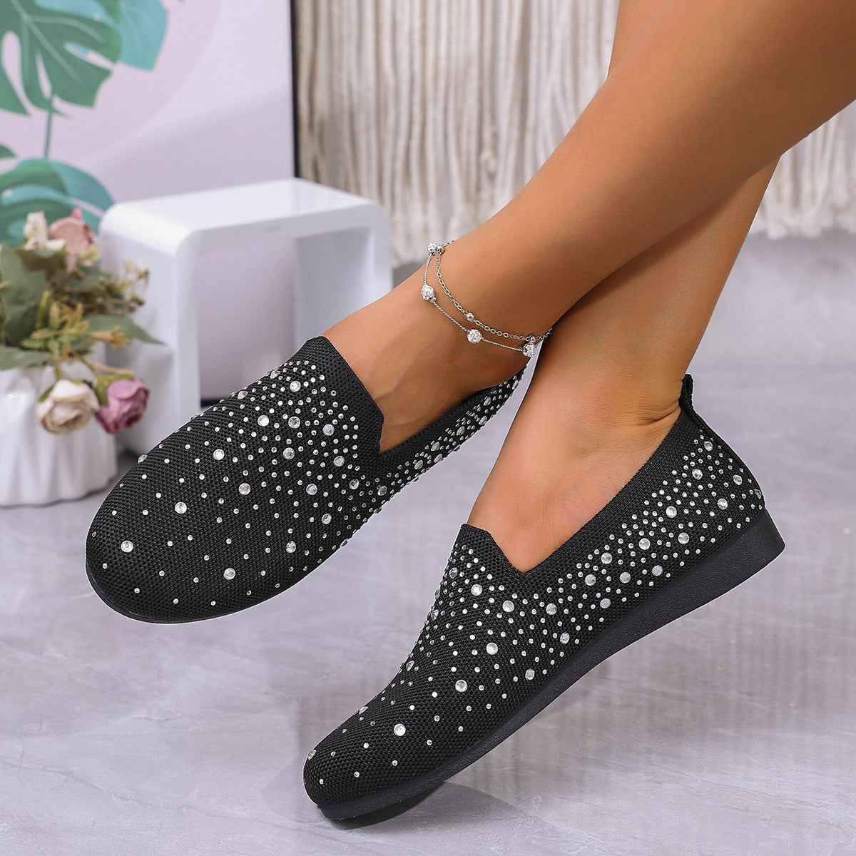 Sparkly Rhinestone Mesh Slip-On Flats – Breathable Comfort Loafers