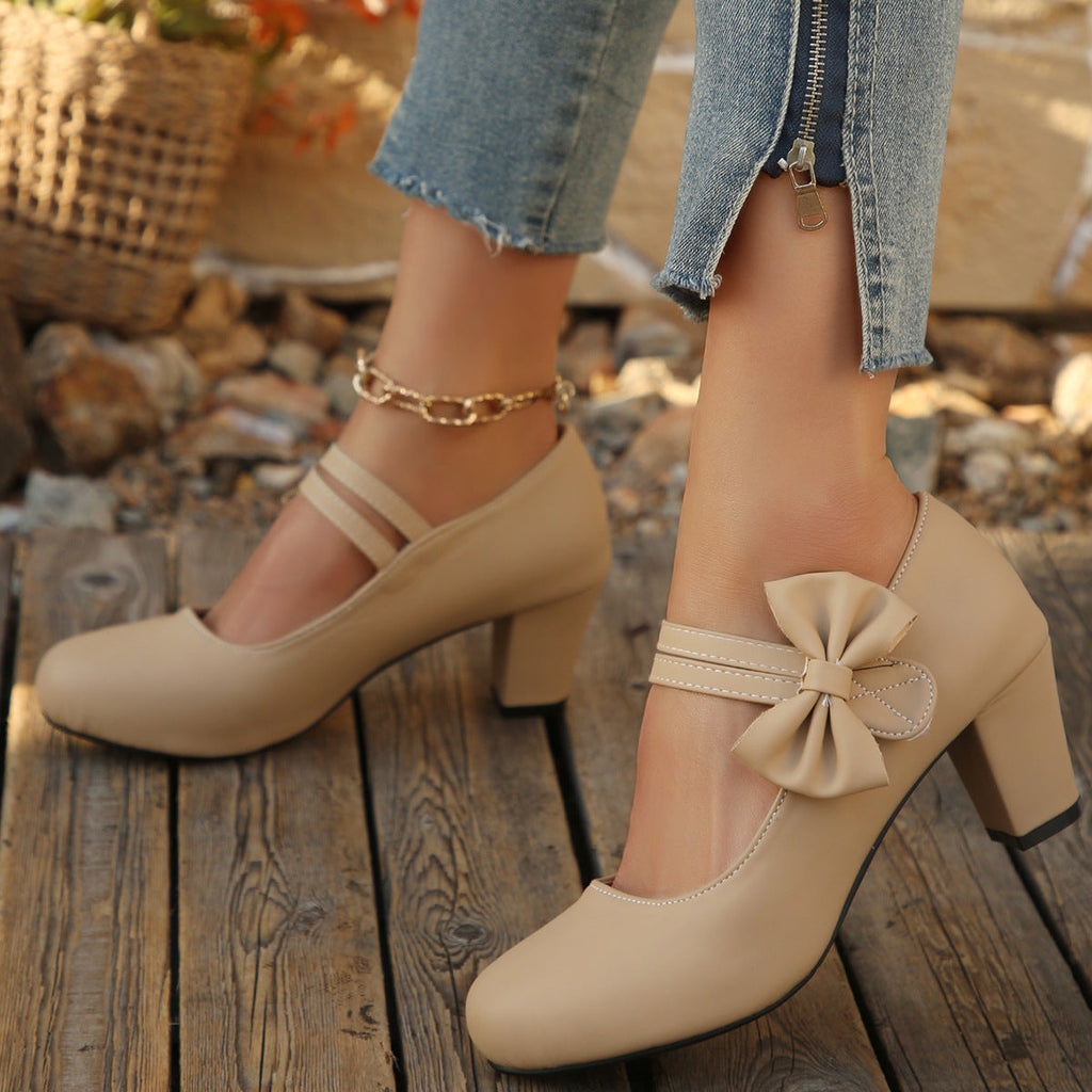 Women's Bowknot Block Heel Mary Jane Shoes – Elegant Ankle Strap Chunky Heels