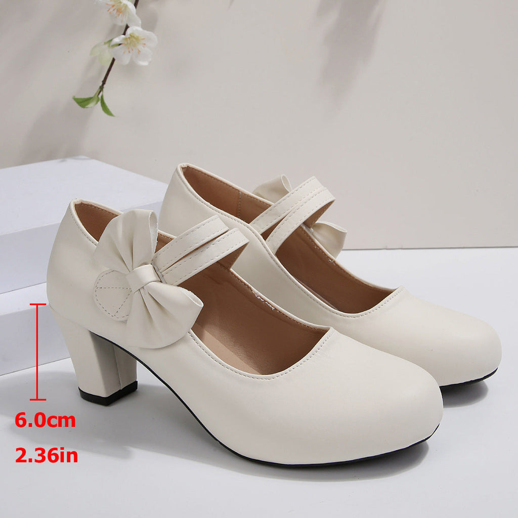 Women's Bowknot Block Heel Mary Jane Shoes – Elegant Ankle Strap Chunky Heels