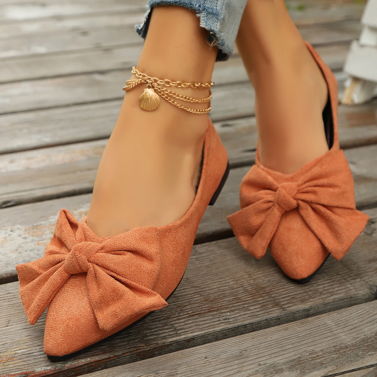 Women's Bow Pointed Toe Flats - Big Bow Suede Ballet Flats Comfortable Slip-On Pumps