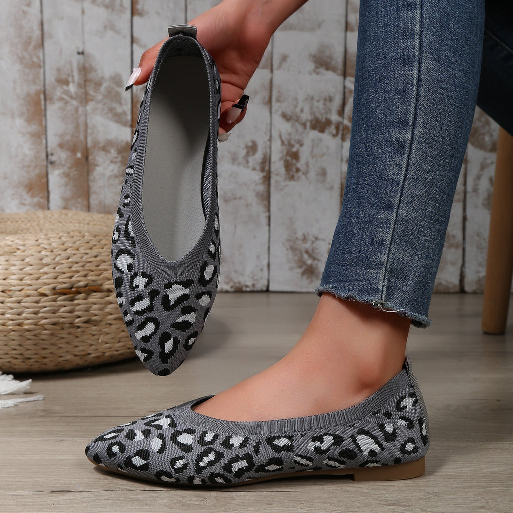 Leopard Print Knit Pointed Toe Flats – Comfortable Slip-On Loafers